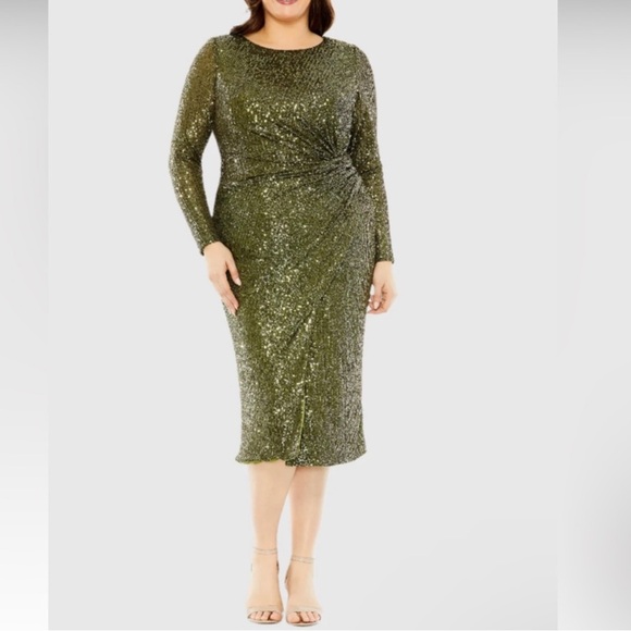 MAC DUGGAL Olive Dark Green Long Sleeve Sequin Gathered Waist Dress - Reemoly